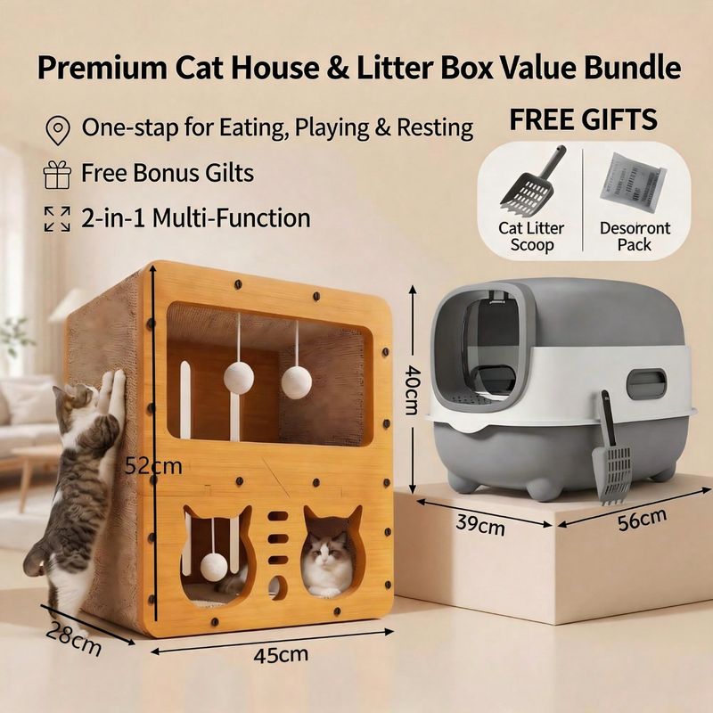 2-in-1 Wooden Cat Scratcher House & Enclosed Litter Box