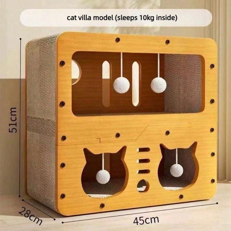 Double-Layer Corrugated Cat Scratcher House with Hanging Ball