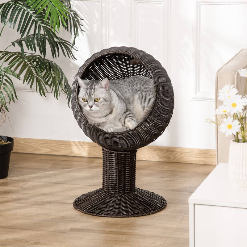 Elevated Cat Bed with Rotatable Egg Chair Pod, Coffee