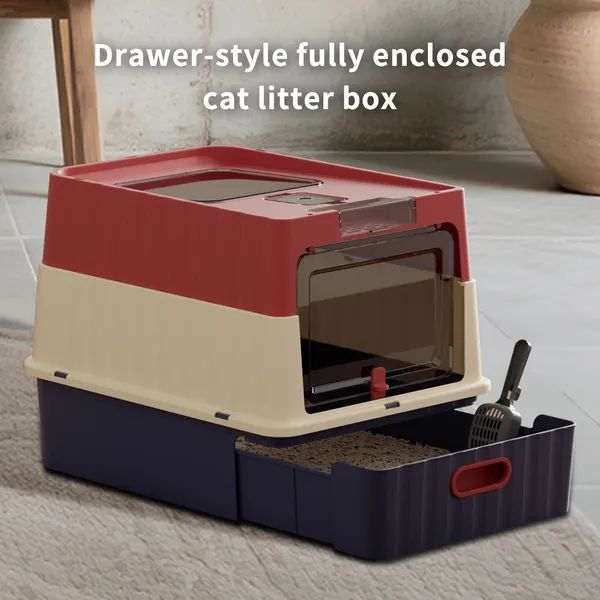 Drawer-Style Cat Litter Box, Red