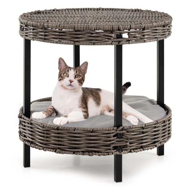 2-Tier Rattan Cat Bed with Padded Cushion & Metal Legs