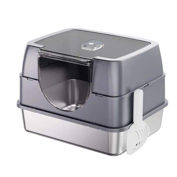Fully Enclosed Stainless Steel Cat Litter Box, White