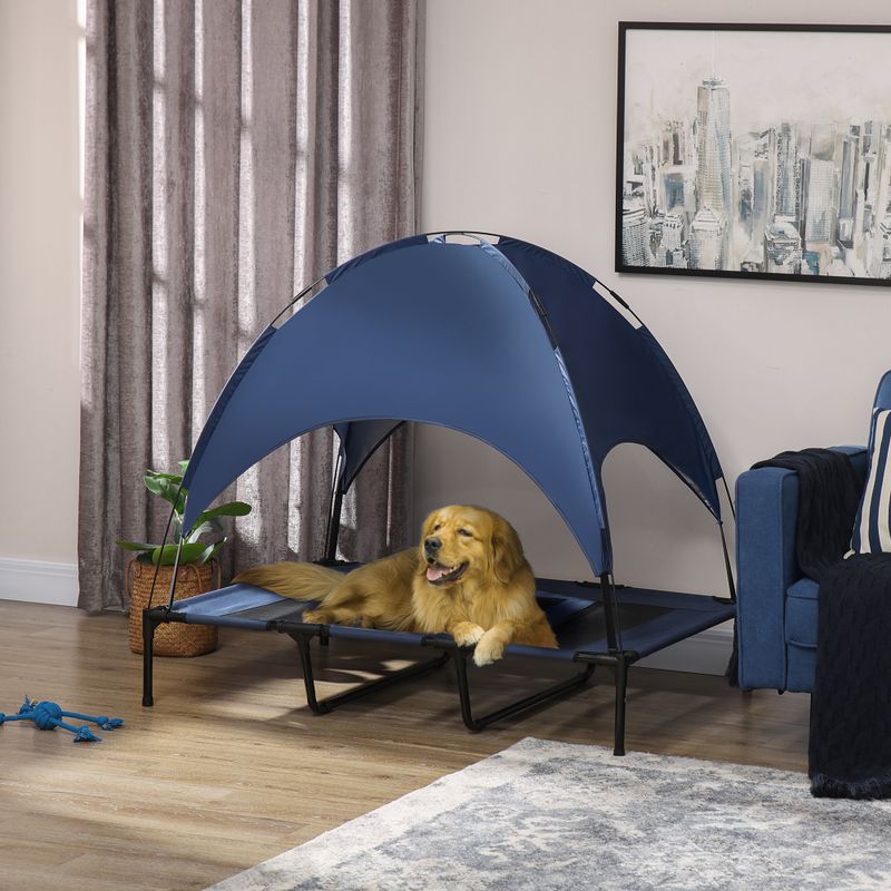 48" x 36" Elevated Dog Cot With UV Protection Canopy, Dark Blue