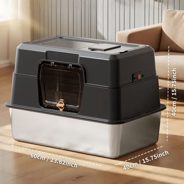 Enclosed Stainless Steel Cat Litter Box, Black