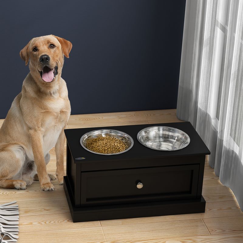 Elevated Dog Bowls with Storage Drawer, Black