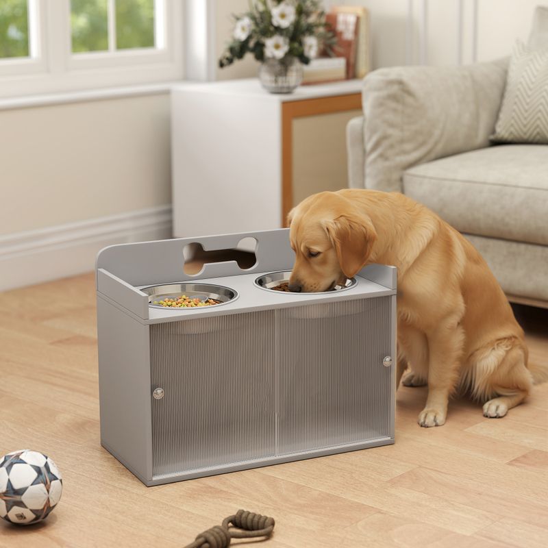 Elevated Dog Bowls with Storage and Two Stainless Steel Bowls, Gray