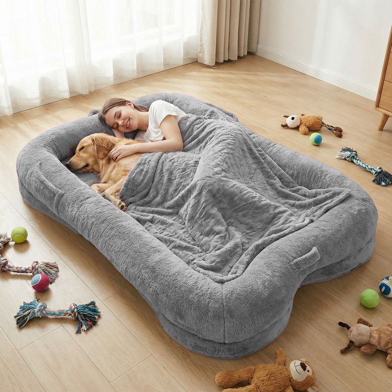 Human-Size Washable Plush Dog Bed With Blanket & Pocket