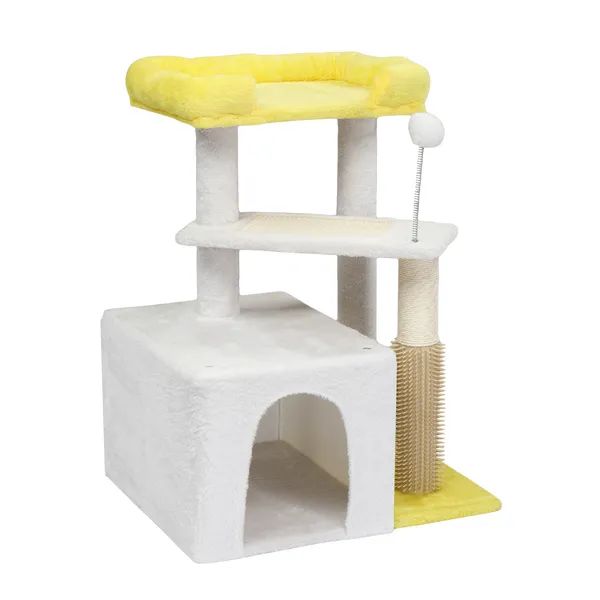 27.5" Multi-Level Cat Tree with Scratching Post and Condo, Yellow & White