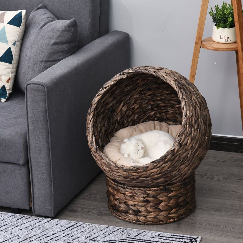 Handwoven Elevated Cat Bed, Wicker Egg Chair with Stand, Brown