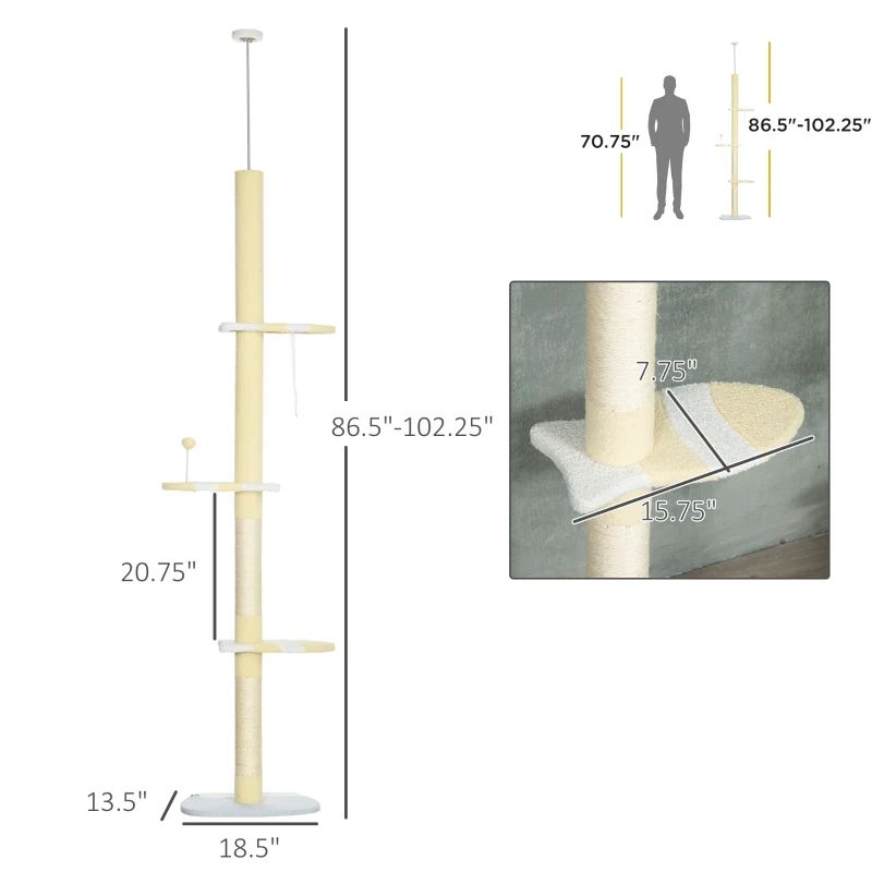 4-Tier Floor-to-Ceiling Cat Tree, Adjustable 86.5"–102.25"