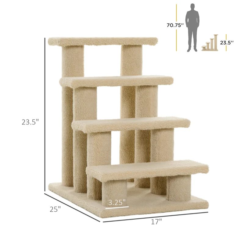 4-Step Carpeted Cat Scratching Post Stairs, Cream White