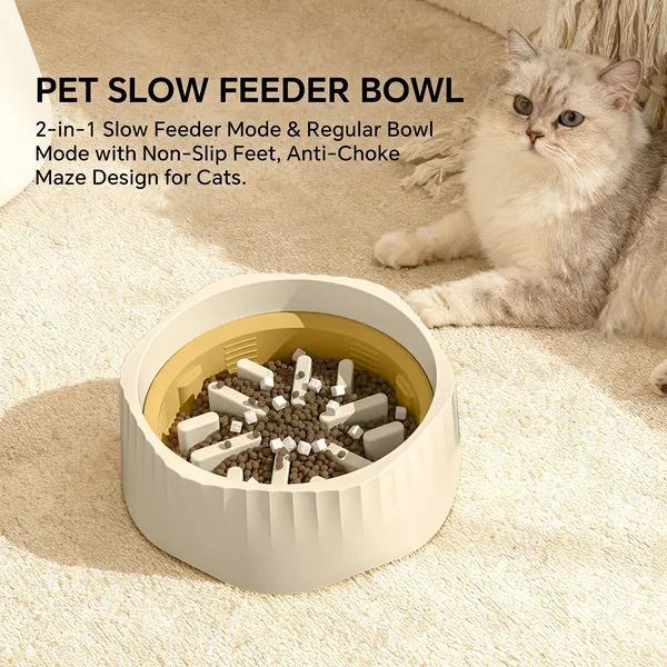 2-in-1 Plastic Cat Slow Feeder Bowl, Switchable Fast & Slow