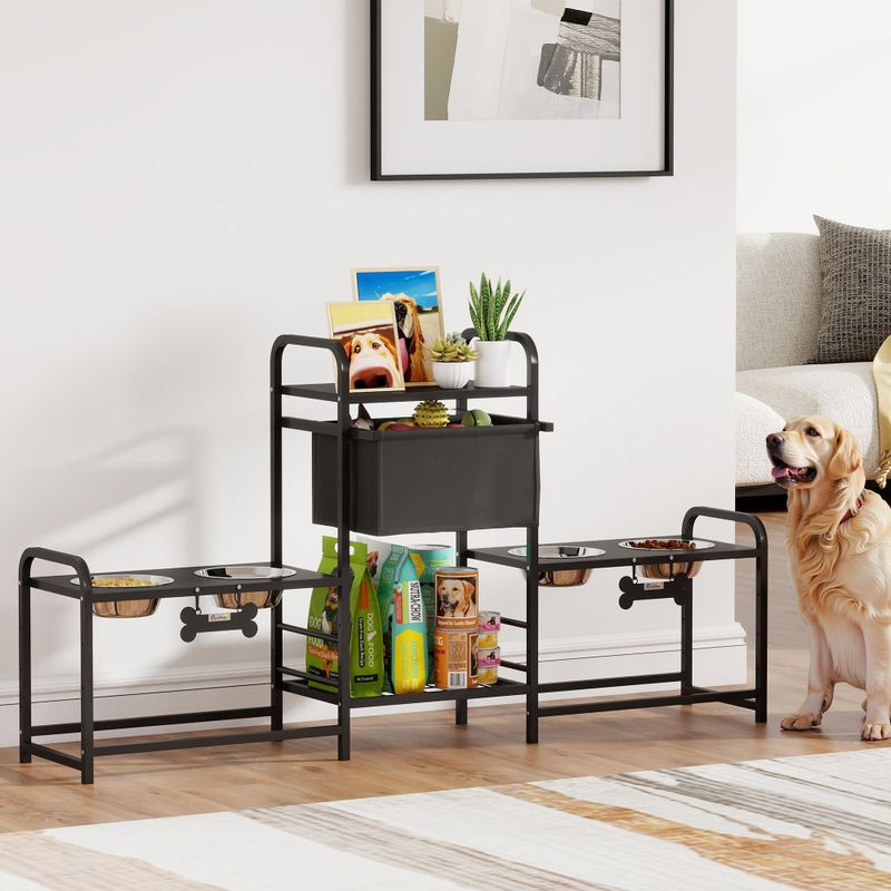 Height-Adjustable Dog Bowl Stand with 2 Stations & Toy Bin