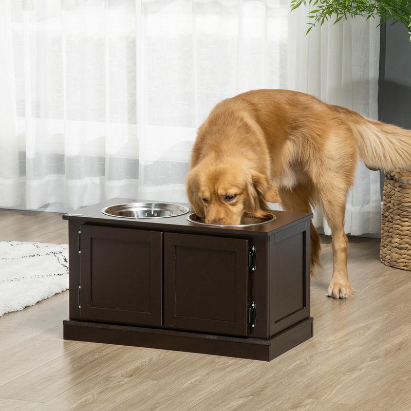 Elevated Dog Bowls with Storage, Two Stainless Steel Bowls, Coffee