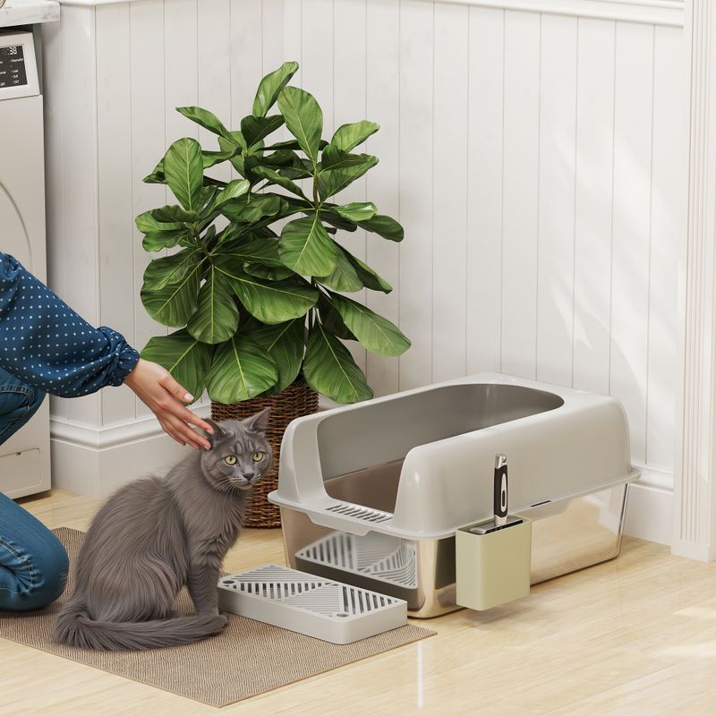 High-Sided Stainless Steel Cat Litter Box with Scoop, Light Gray