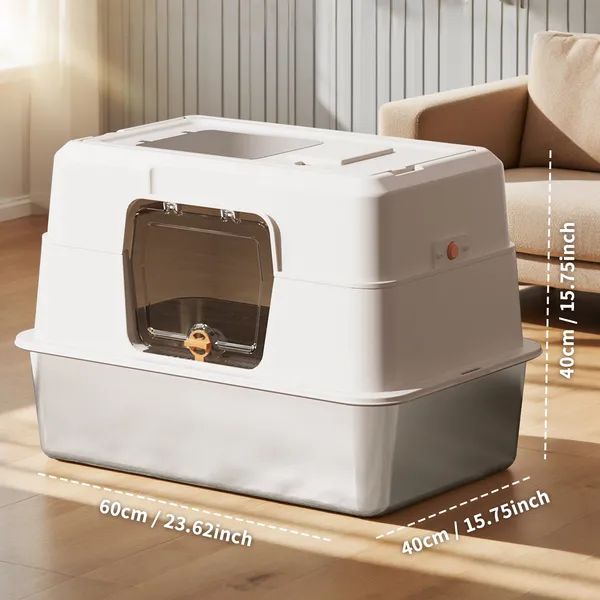 Enclosed Stainless Steel Cat Litter Box, Anti-Splash