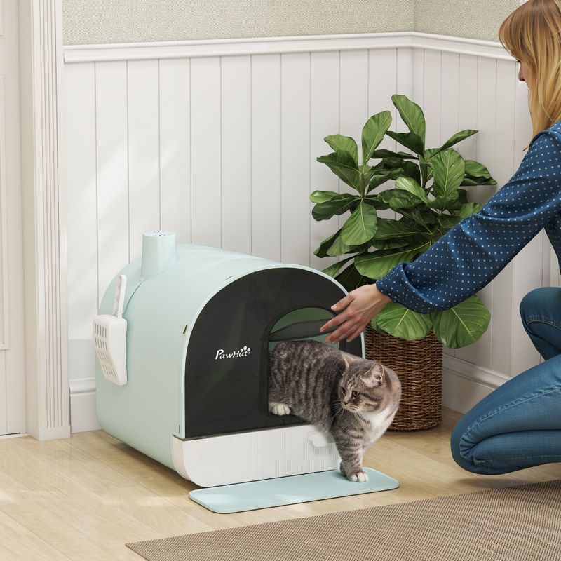 Enclosed Cat Litter Box with Lid, Drawer, Scoop & Mat, Green