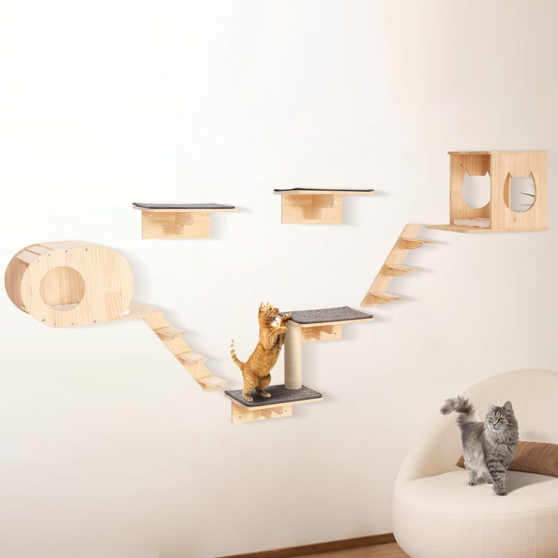 Wall-Mounted Cat Shelves Set Of 7 With Hammocks And Nests