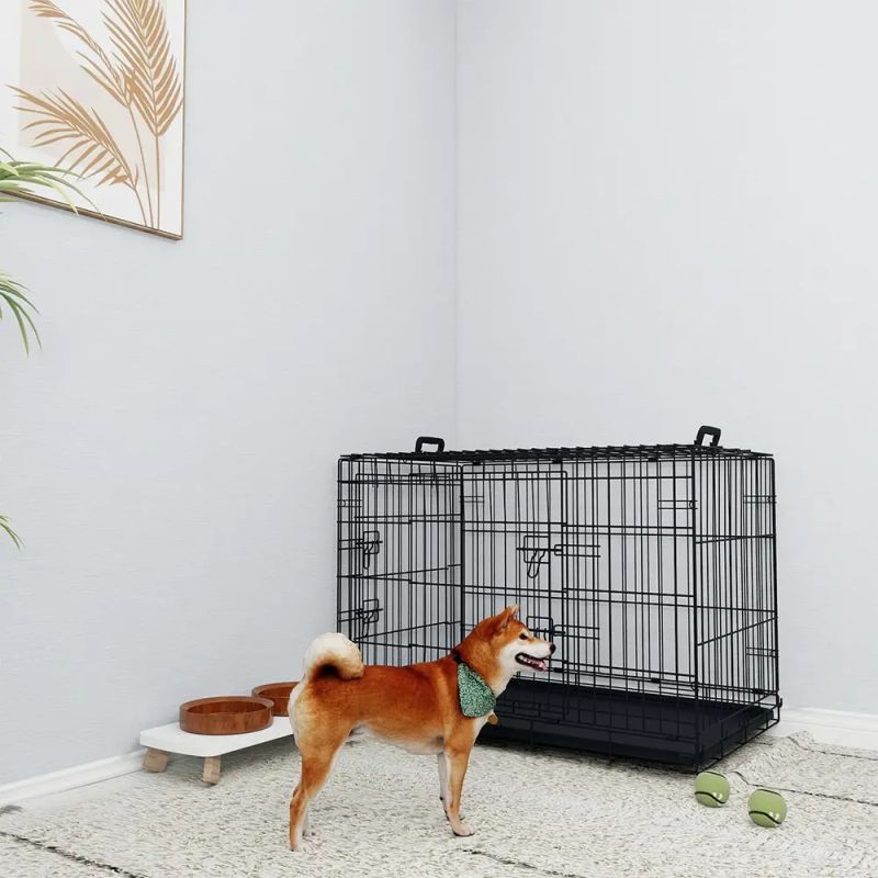36" Black Wire Dog Cage with Double-Lock Mechanism, Two Doors, Two Handles