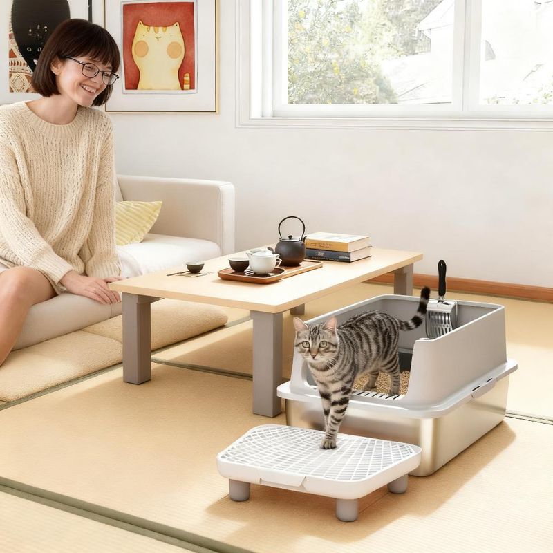 Stainless Steel Cat Litter Box With Scoop For Large Cats