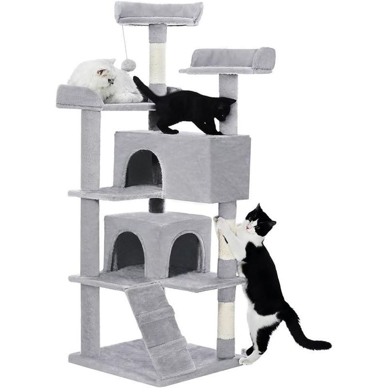 56" Multi-Level Cat Tree with 2 Condos, Scratching Posts & Toys, Light Gray