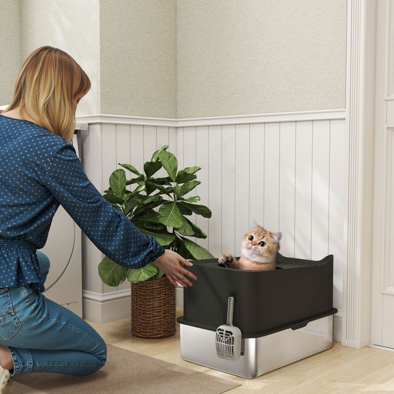 Extra Large Enclosed Stainless Steel Litter Box with Scoop, Black