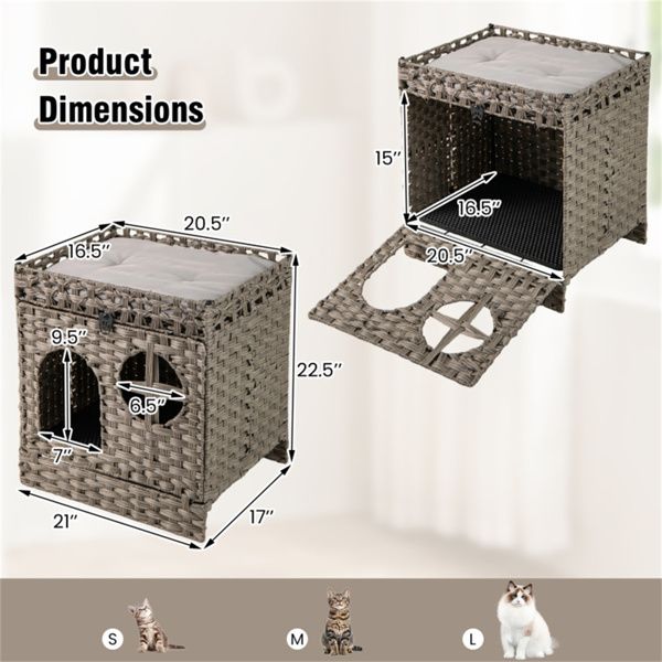 2-Tier Gray Wicker Cat Litter Box Enclosure With Mat