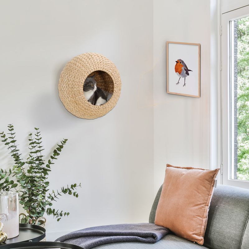Wall-Mounted Cat Condo with Washable Cushion, Natural Wood