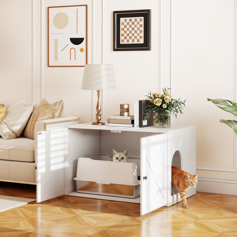 Cat Litter Box Enclosure with Barn Door, 31.5" x 21" x 20", White
