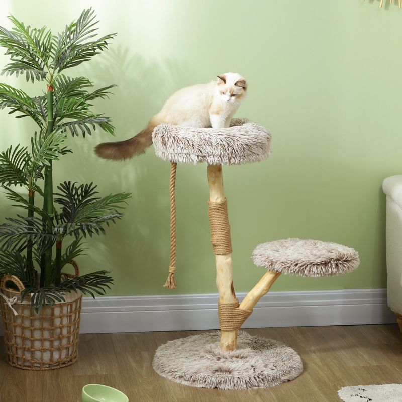 35" Modern Cat Tree with Wooden Scratching Posts & Bed, Brown
