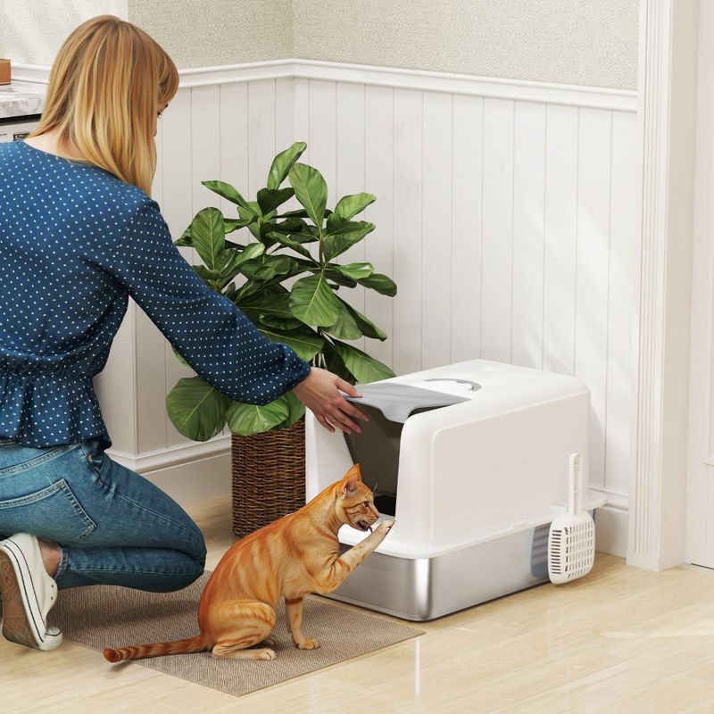 2-in-1 Stainless Steel Cat Litter Box with Lid & Scoop, White