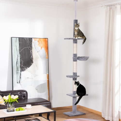 PawHut Adjustable Floor-to-Ceiling Cat Tree, Grey and White