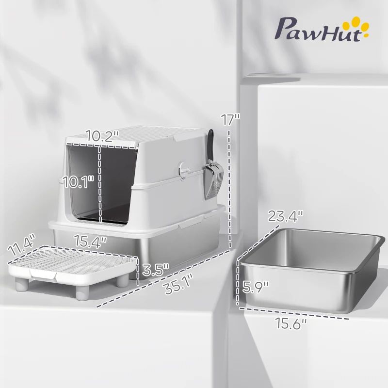 XL Stainless Steel Cat Litter Box with Flip Cover & Scoop