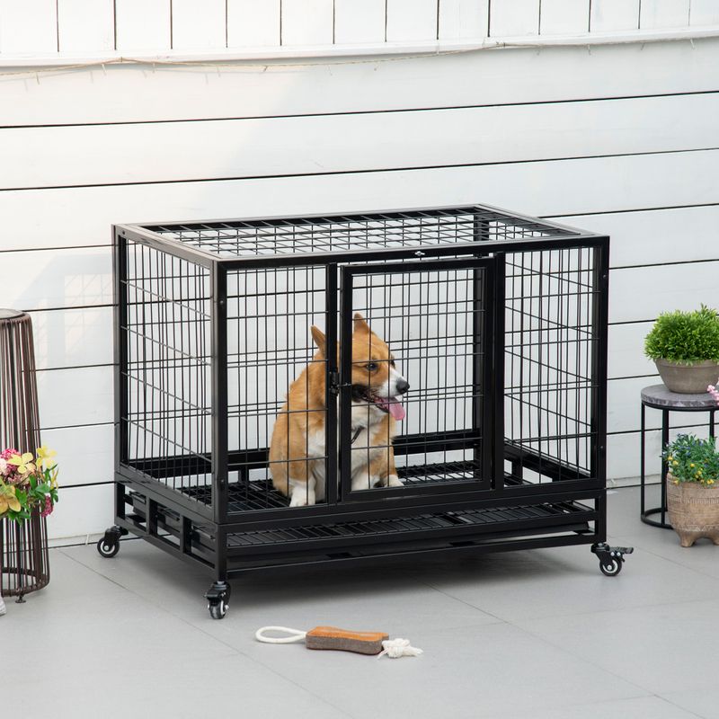 36" Heavy Duty Dog Crate with Removable Tray, Lockable Wheels & Double Door, Black