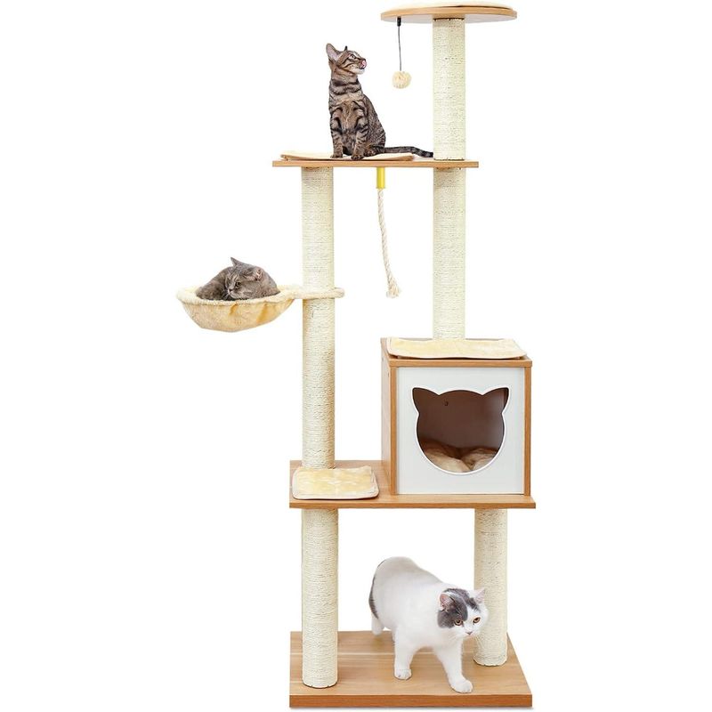 Modern Wooden Cat Tree with Hammock, Scratching Post & Removable Mat