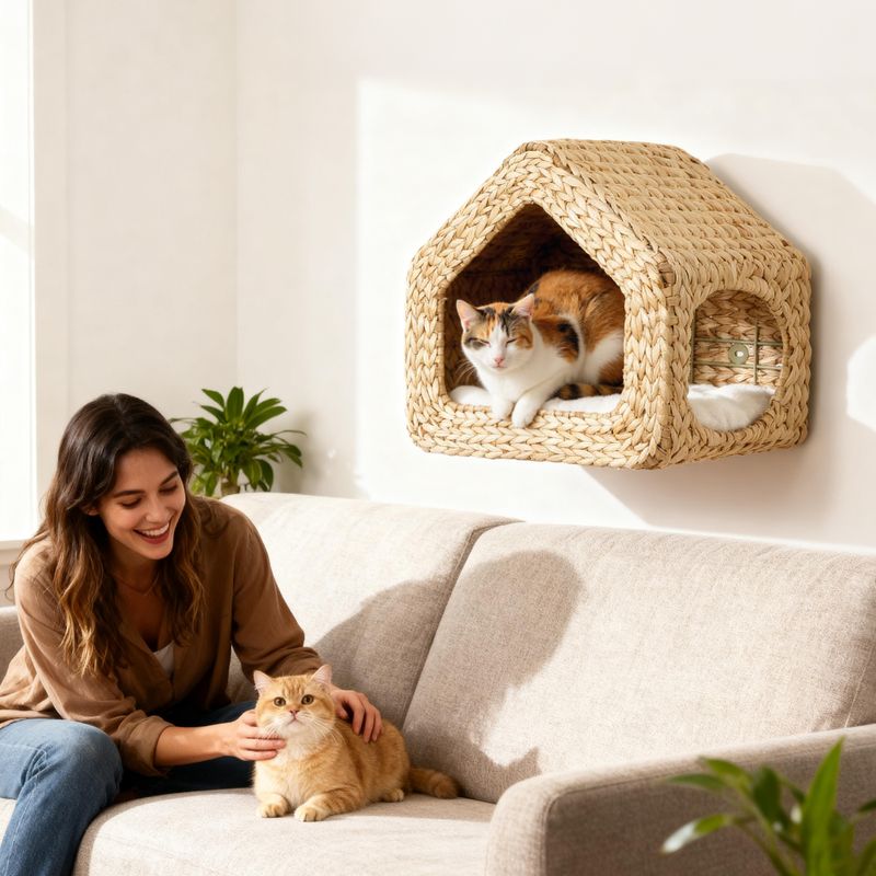 Wall-Mounted Cat House with Washable Cushion, Natural