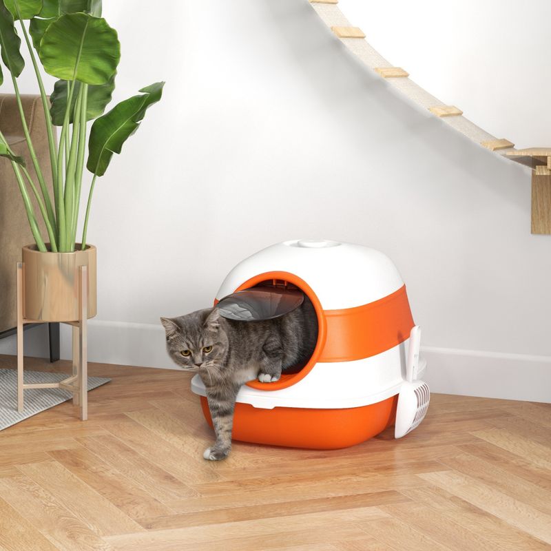 Dome Covered Cat Litter Box, White & Orange