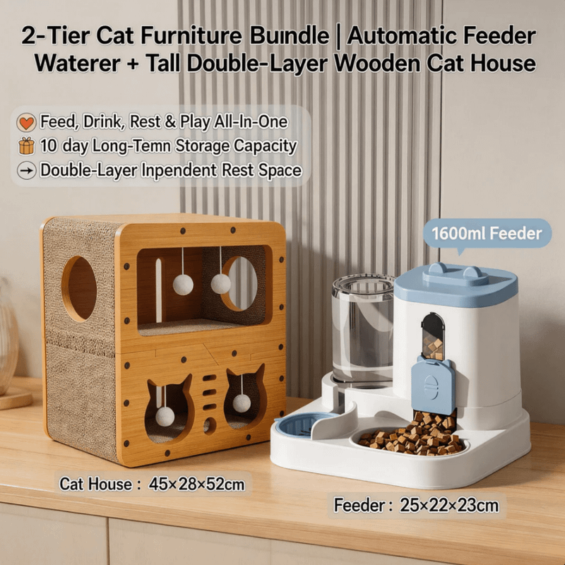 Cat Combo Set: Wooden Scratcher House & Automatic Feeder