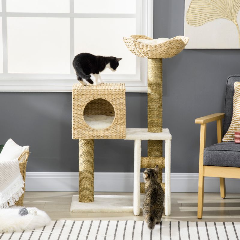 Cattail Weave Cat Tree with Rattan Condo & Wicker Bed, Natural