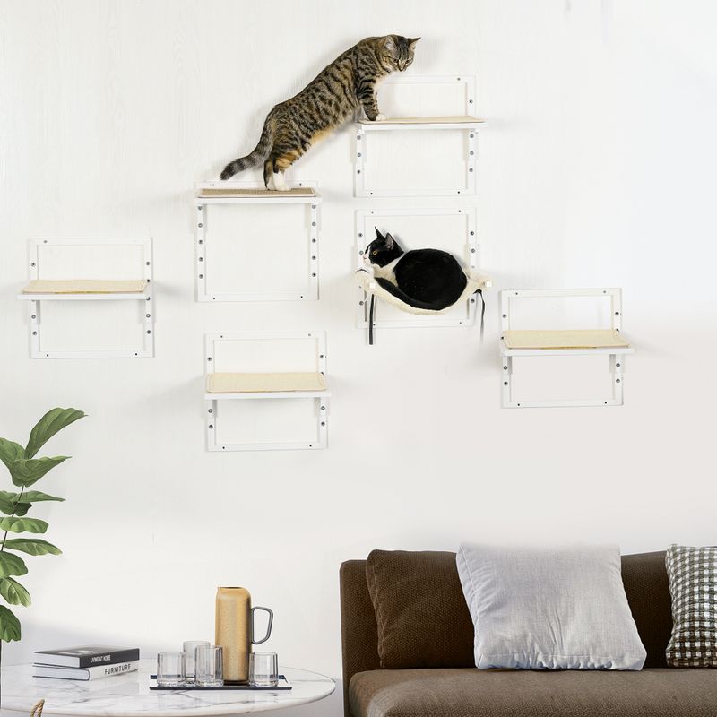Modern Cat Wall Shelves With Hammock, 6-Piece Set, Cream White