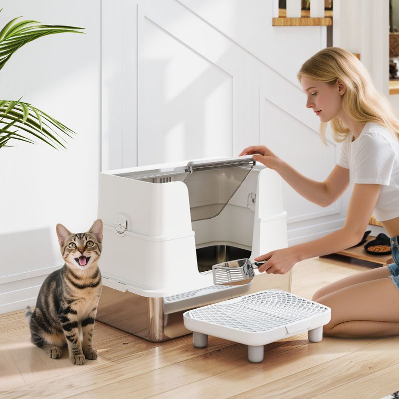 XL Stainless Steel Enclosed Litter Box with Flip Top, Scoop & Step