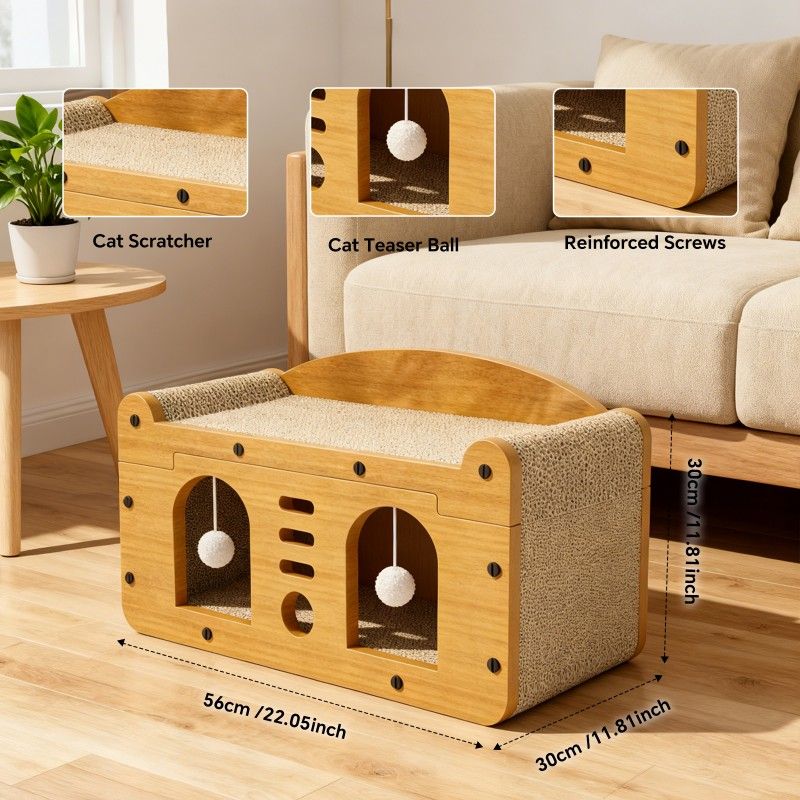Double-Door Cat Scratcher Sofa with 2 Teaser Balls, 56 cm