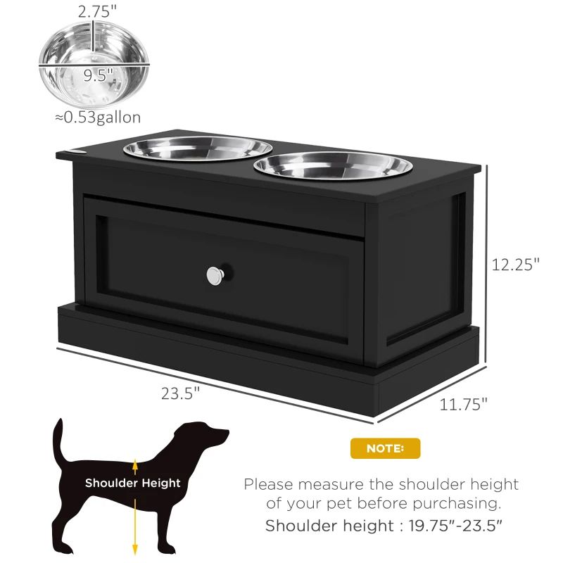 Raised Dog Bowl Stand with Storage Drawer & Stainless Steel Bowls, Black