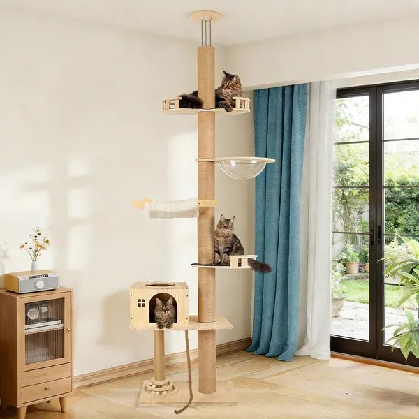 Floor-to-Ceiling Cat Tree, 6-Level Adjustable Climbing Tower