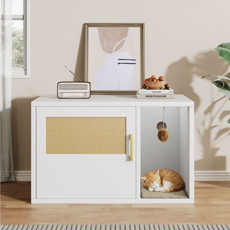 Modern White Cat Litter Box Cabinet And Side Table