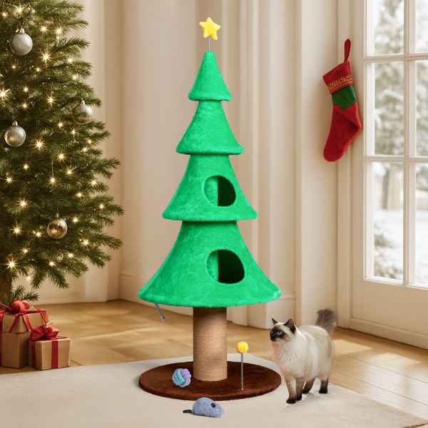 59" Christmas Tree Cat Tower with 2 Condos & Scratching Post, Green