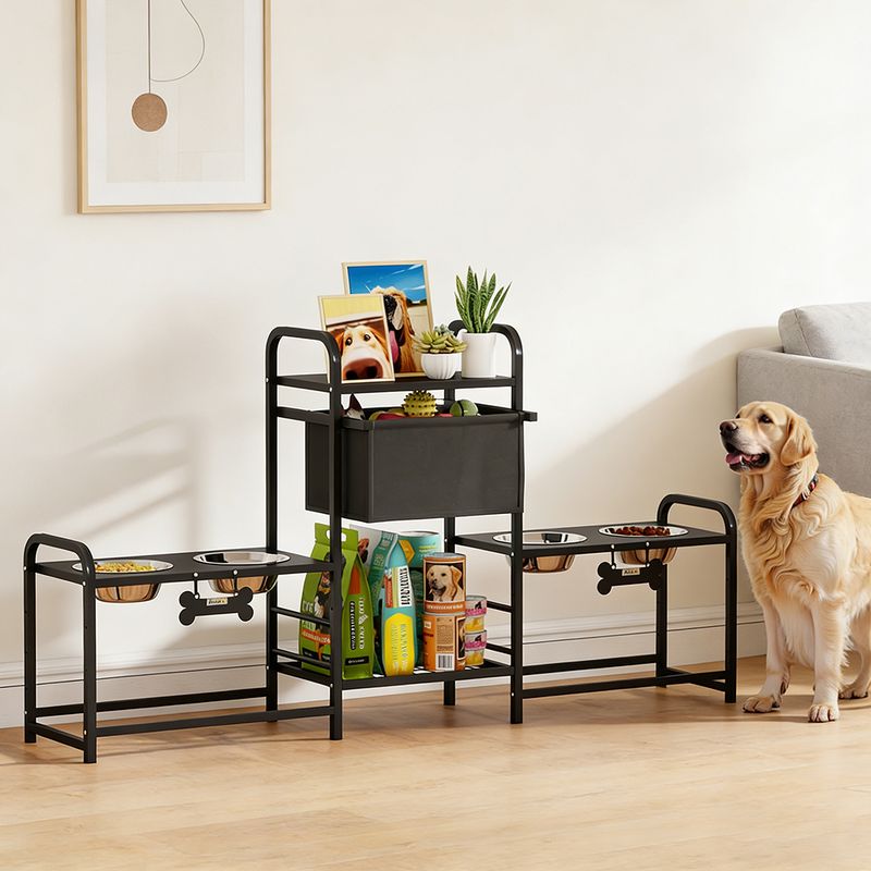 Height-Adjustable Dog Feeding Station with 4 Bowls & Toy Bin