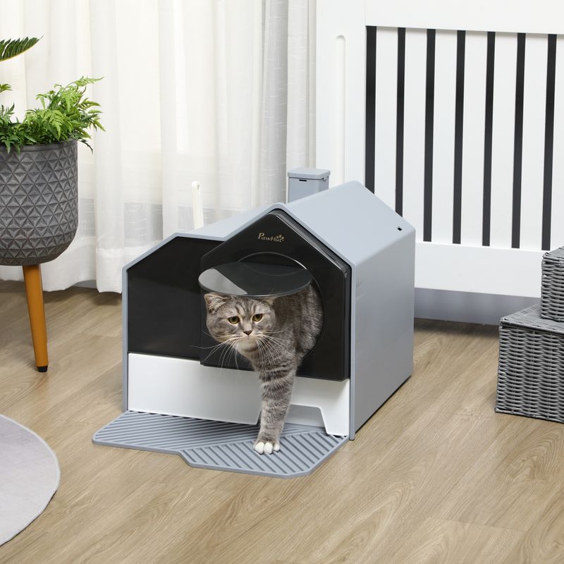 Hooded Cat Litter Box with Litter Mat, Gray