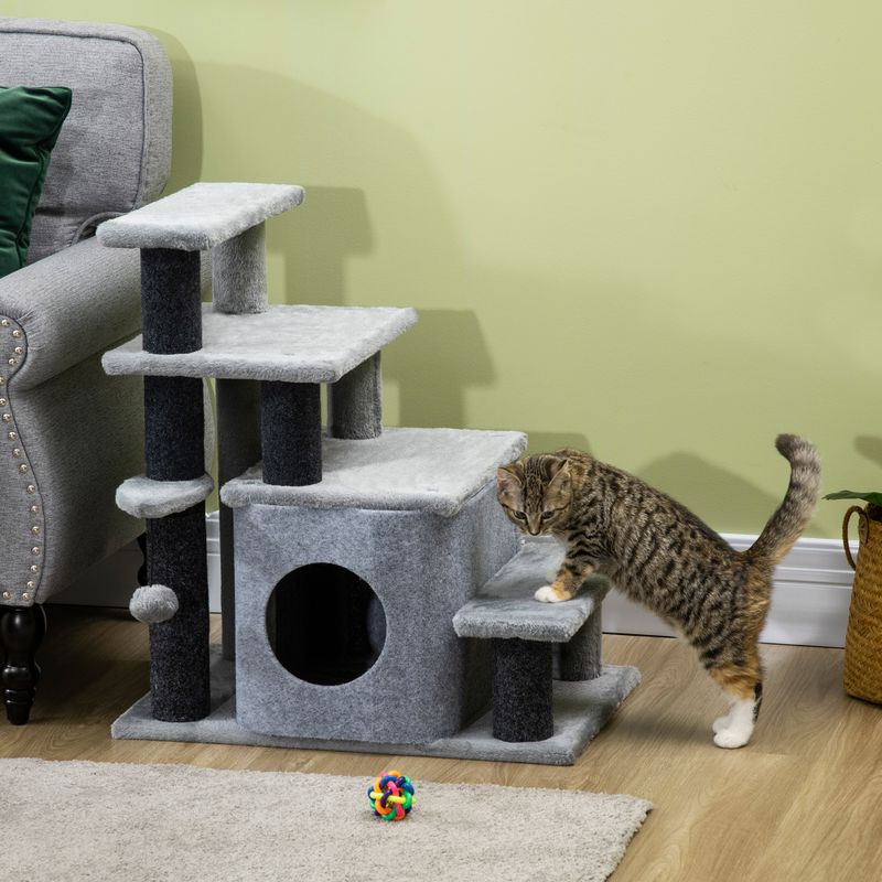 Adjustable 3/4-Step Cat Stairs with Scratching Post & Condo, Gray