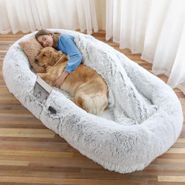 Human-Size Dog Bed with Washable Faux Fur, Pillow, Blanket, and Strap